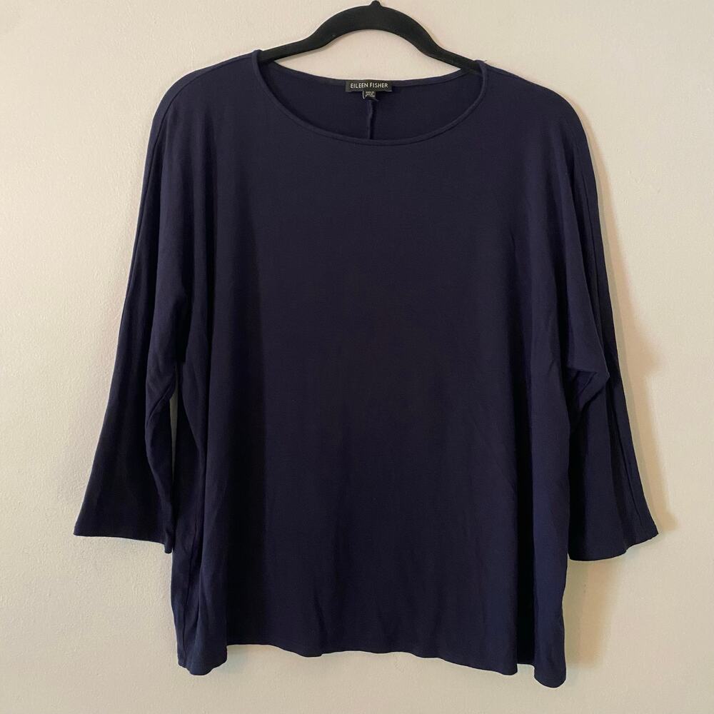 Eileen Fisher Navy Blue Boxy Crewneck 3/4 Sleeve Shirt Minimalist Women's Medium